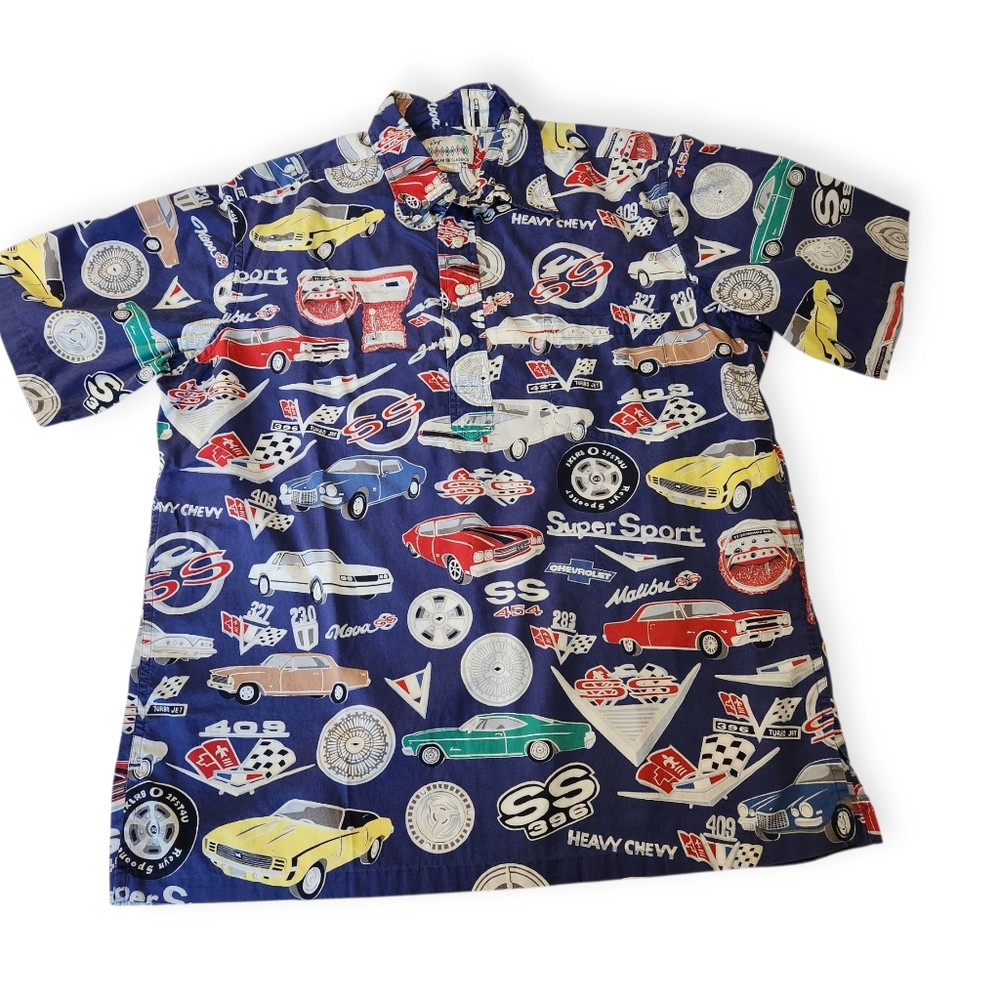 REYN SPOONER Hawaiian Shirt Mens M Blue All Over Print Chevrolet Super Sport SS
